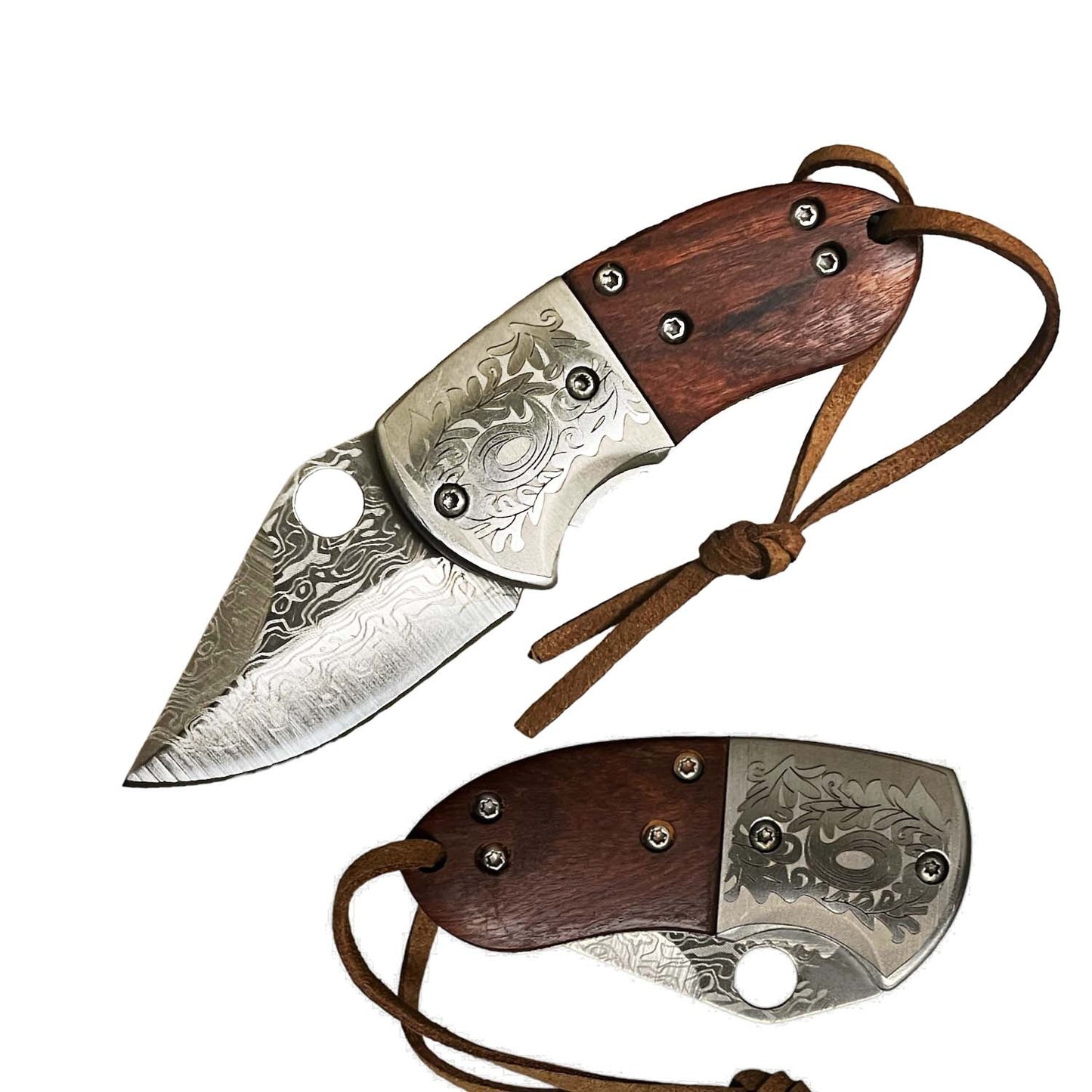 Wood Handle Damascus Etched Mini Folding Chubby Pocket Knife