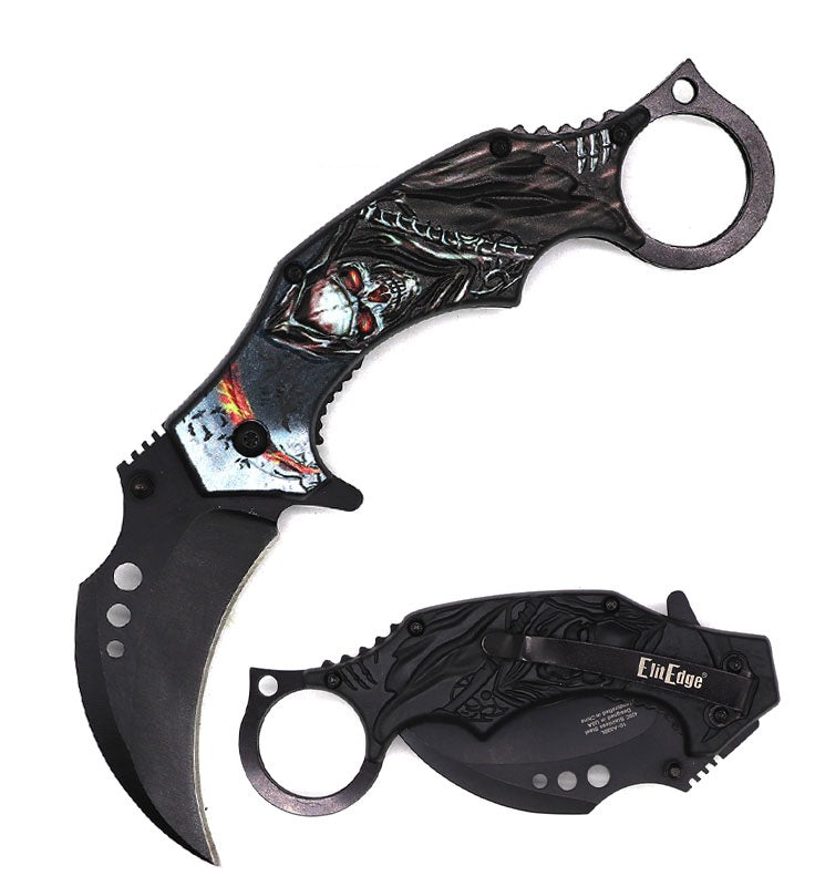 7.25 Inch Demon Of Death Grim Reaper Brown Karambit Spring Assist Pocket Knife