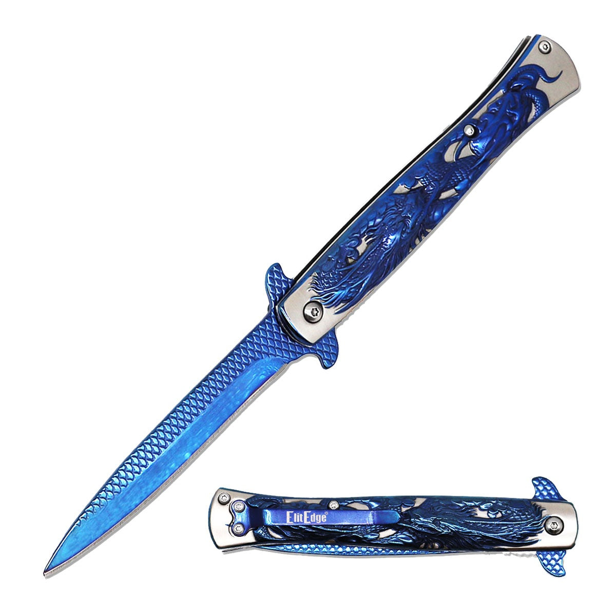 9” Blue Titanium Dragon Engraved Stiletto Style Spring Assist Pocket Knife