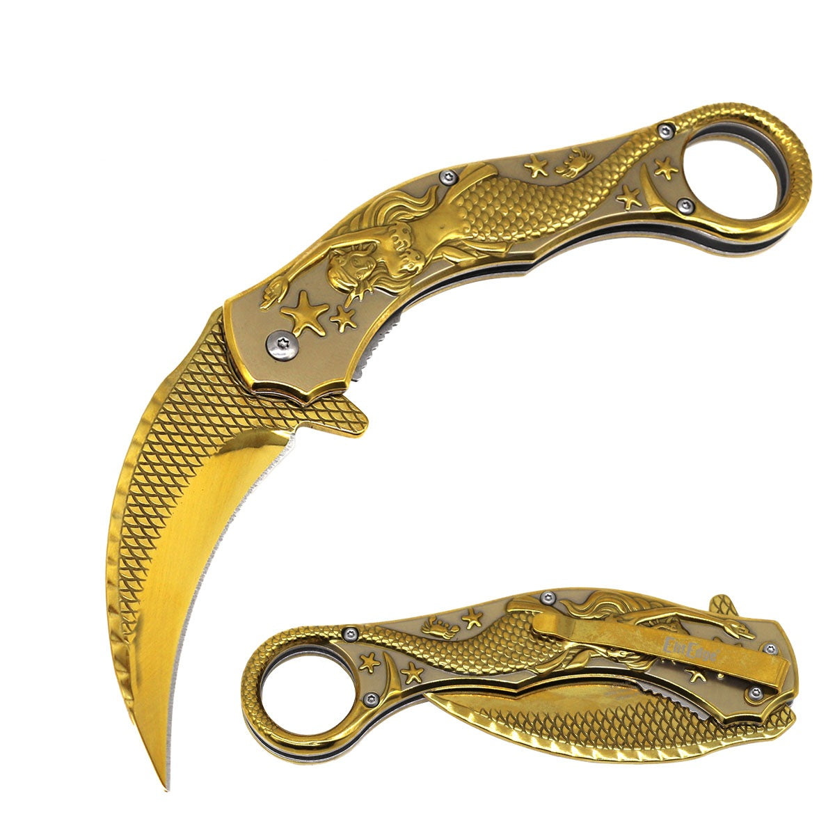 Golden Mermaid Sculpture 9" Karambit Spring Assisted Open Blade Folding Pocket Knife