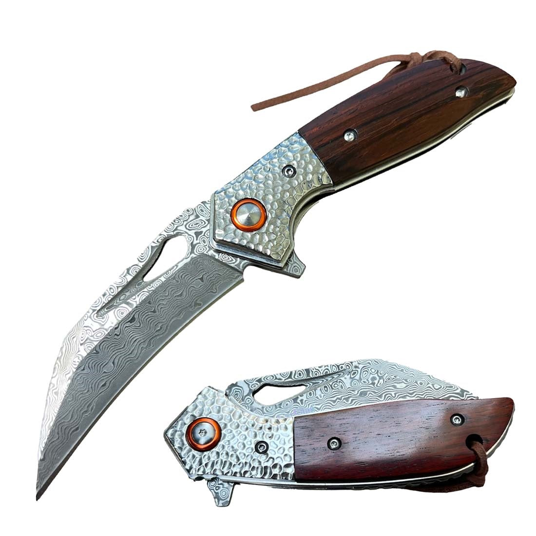 Ball Bearing Damascus Hawk Blade Pocket Knife with Wood Handle