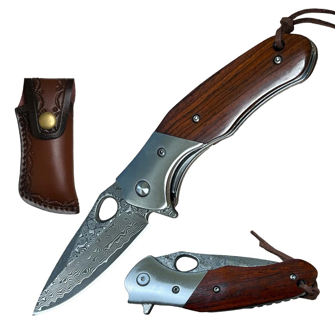 Ball Bearing Damascus Blade Pocket Knife Wood Handle