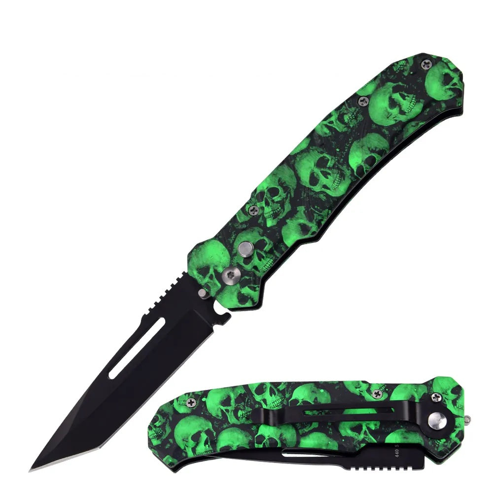 4.5" Closed Green Skulls Ballistic Switch Blade Automatic Tanto Blade Knife