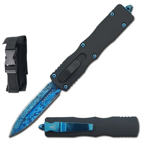 7.5" Blue Damascus Etched Death Stalker OTF Knife