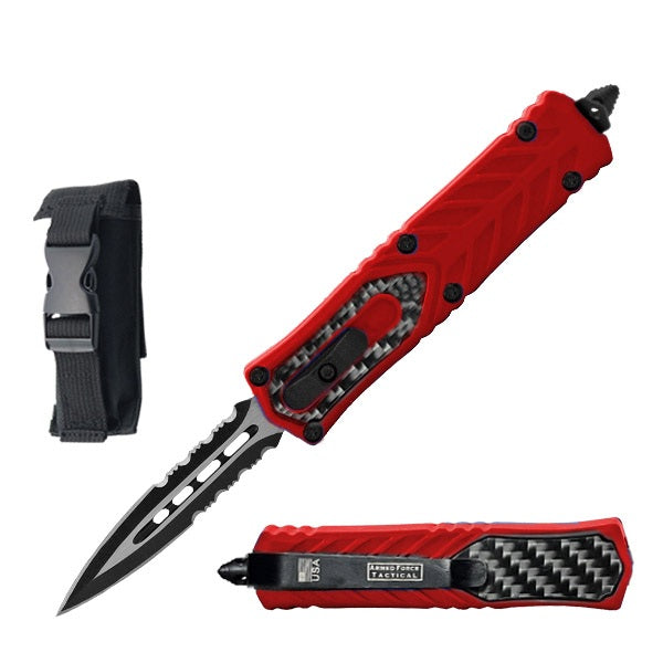 7" Dagger Point Serrated Blade Red with Carbon Fiber Handle OTF Knife