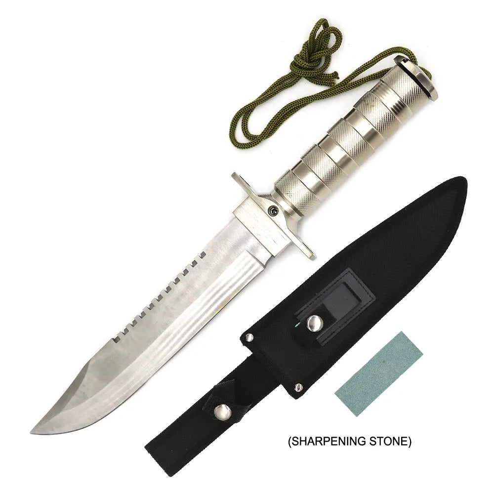 15" Silver Tactical Hunting Fixed Blade Knife with Survival Kit