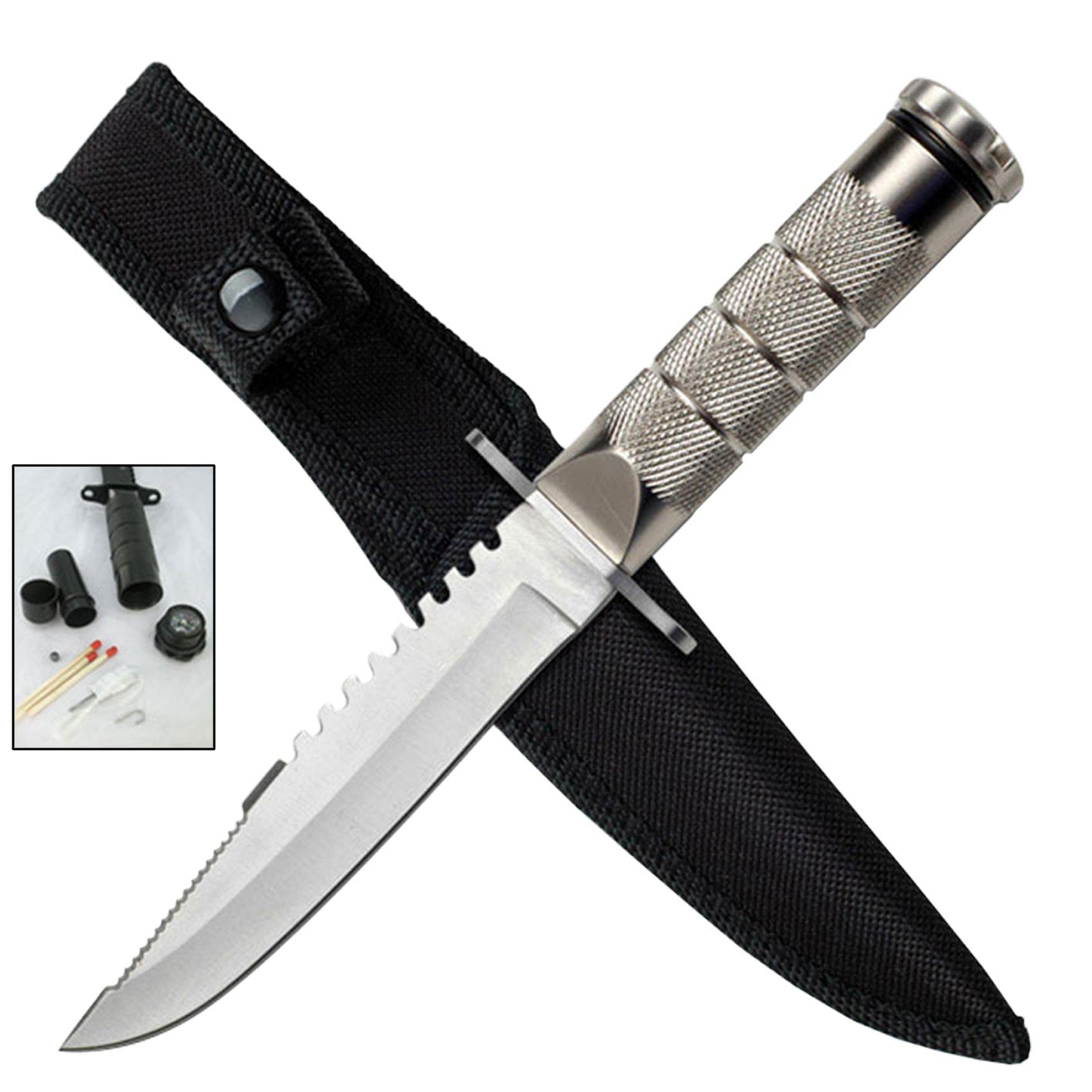 8.5" Silver Emergency Fixed Blade Survival Knife with Kit and Compass