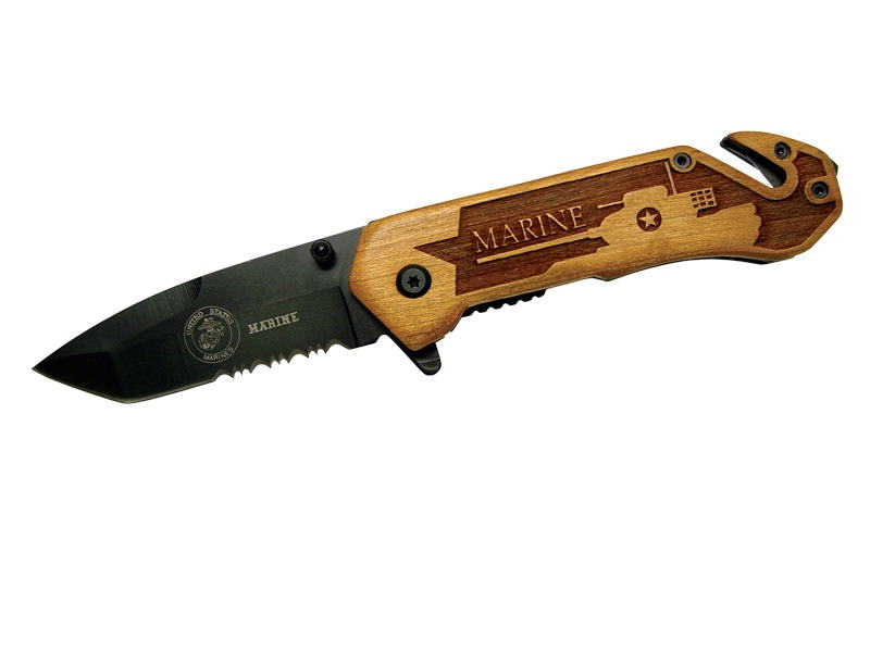 Assisted Opening Rescue Knife with Wood Handle - Marines