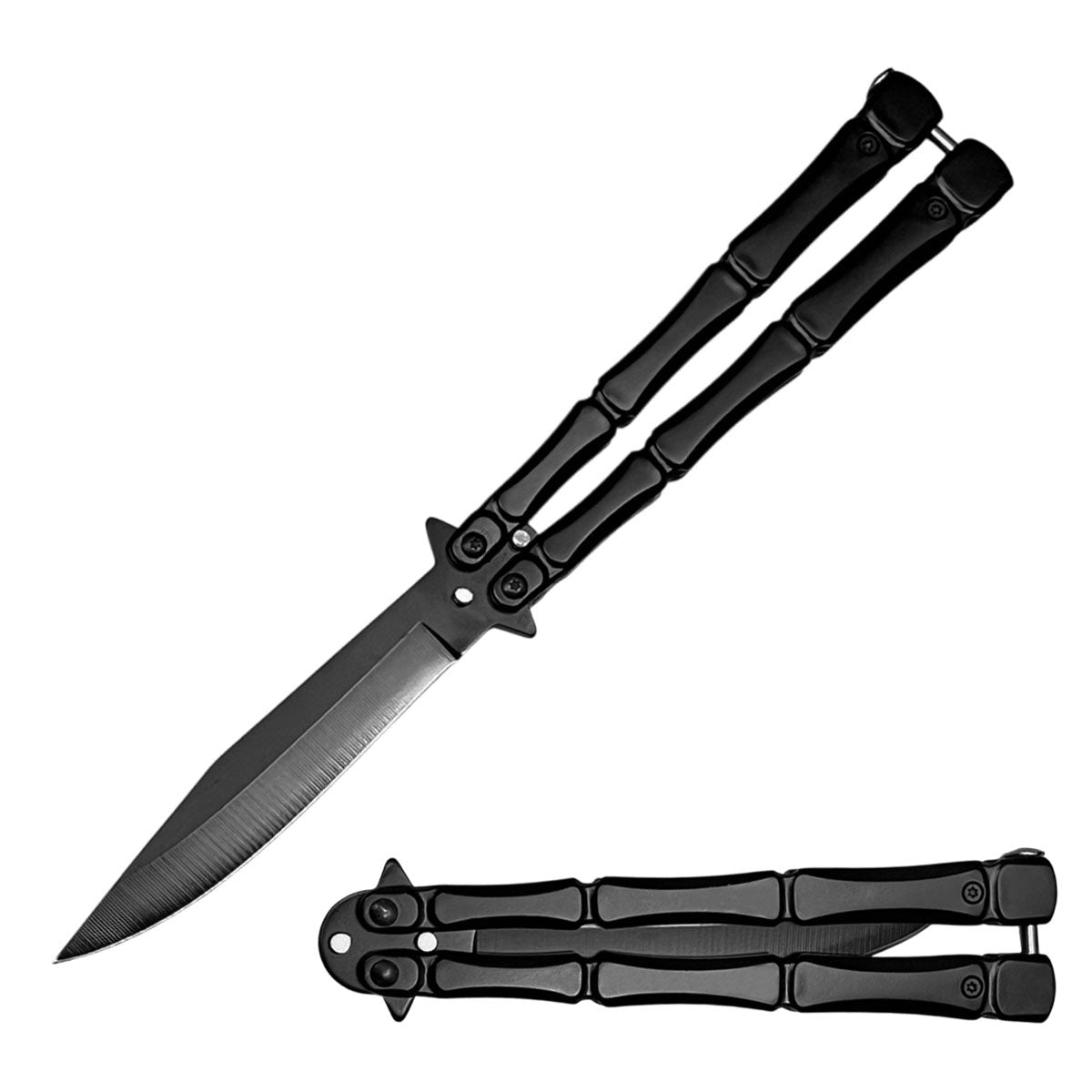 Black Metal Bones Butterfly Knife Clip Point Blade