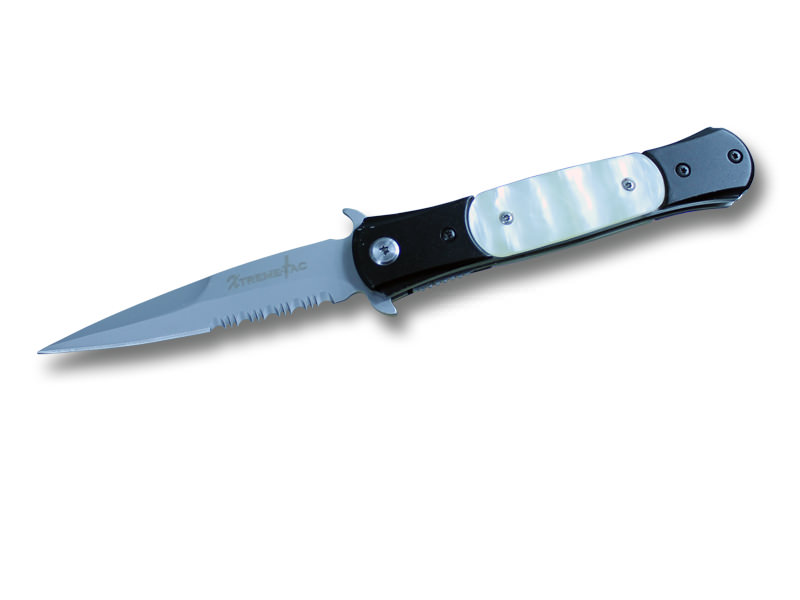 8 Inch Spring Assist Stiletto White Pearl Handle Knife