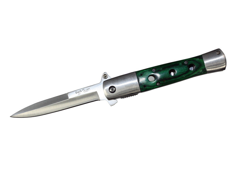 Stiletto Style Spring Assist knife With Green wood Handle