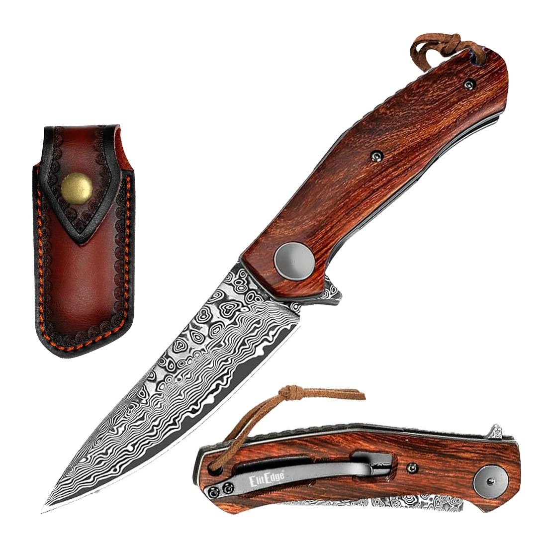 Ball Bearing Drop Point Damascus Blade Pocket Knife Wood Handle
