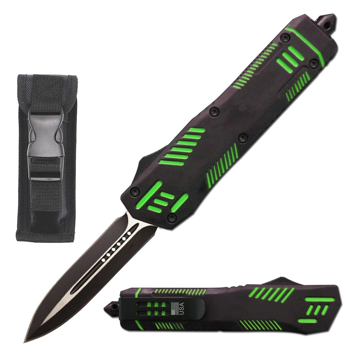 9" Automatic Dual Action Green Pitbull OTF Dagger Blade Knife
