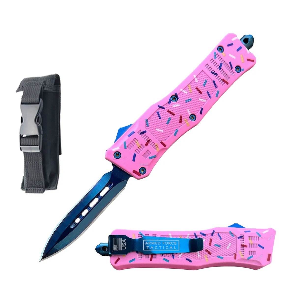 7" Pink Sprinkle Stalker Automatic Dual Action Out The Front Knife