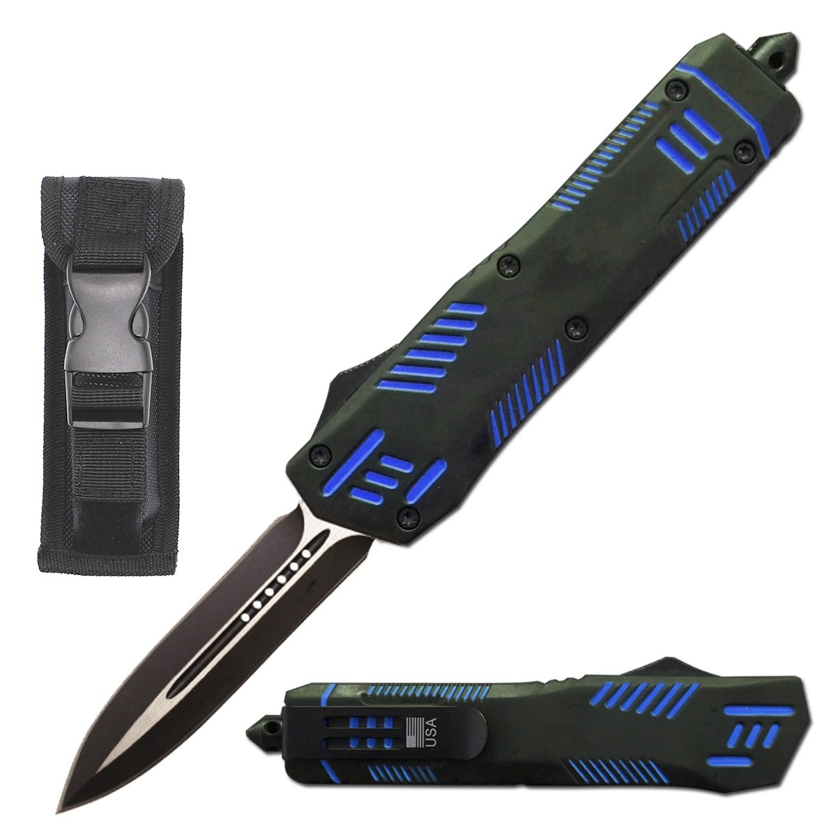 9" Automatic Dual Action Blue Pitbull OTF Dagger Blade Knife