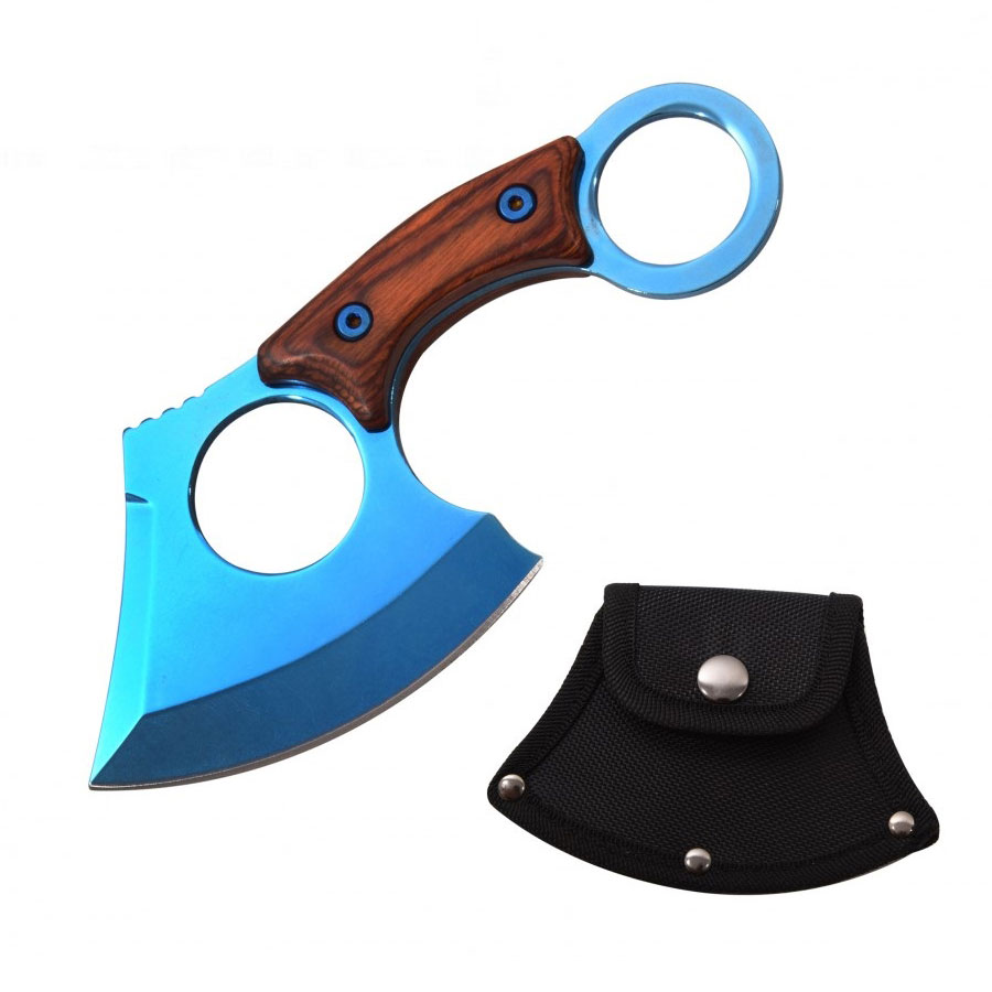 Blue Titanium Straight Edge Fixed Blade Cleaver Axe Hunting knife Karambit