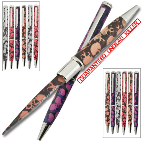 One Dozen Assorted Color Death Skulls Pen With Hidden Knife