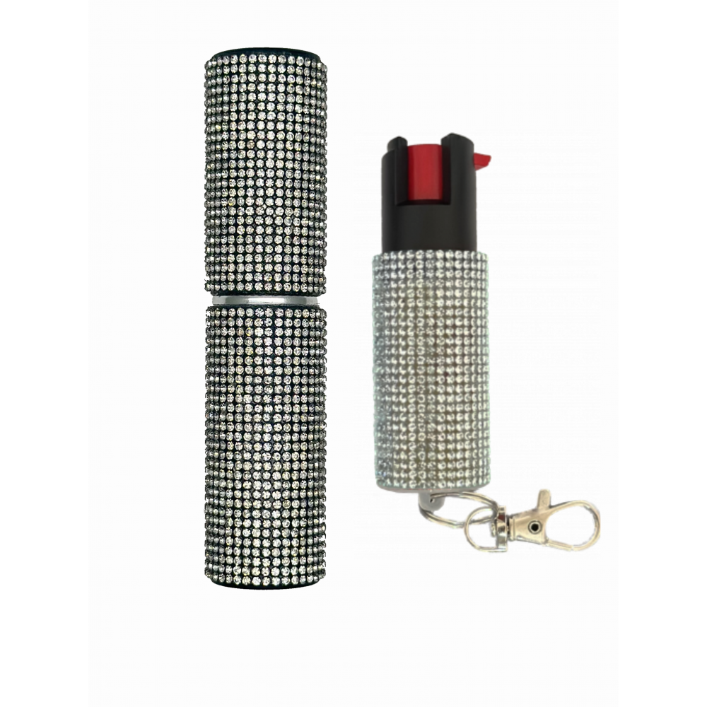 Silver Rhinestones Lipstick Stun Gun and Pepper Spray Combo for Self Defense