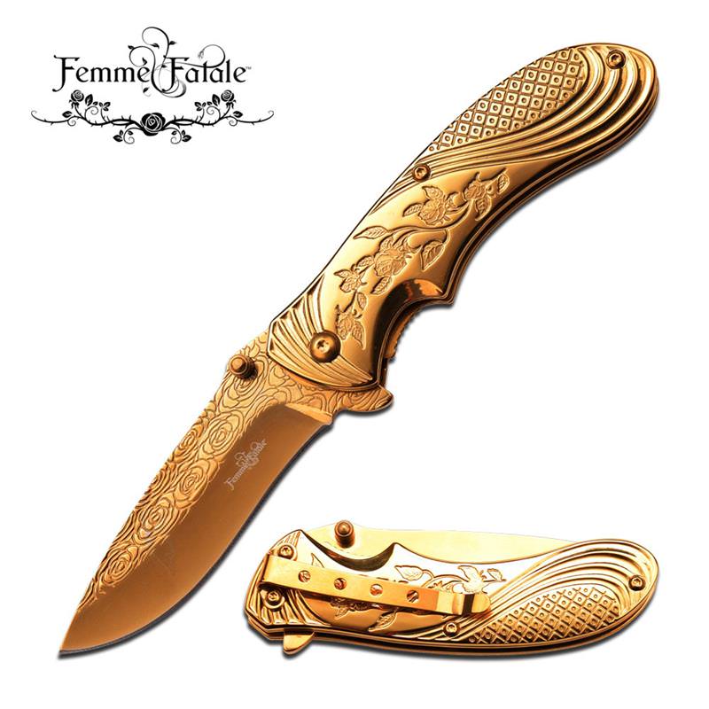 4 Inch Closed Gold Rose Handle Spring Assisted Folding Knife