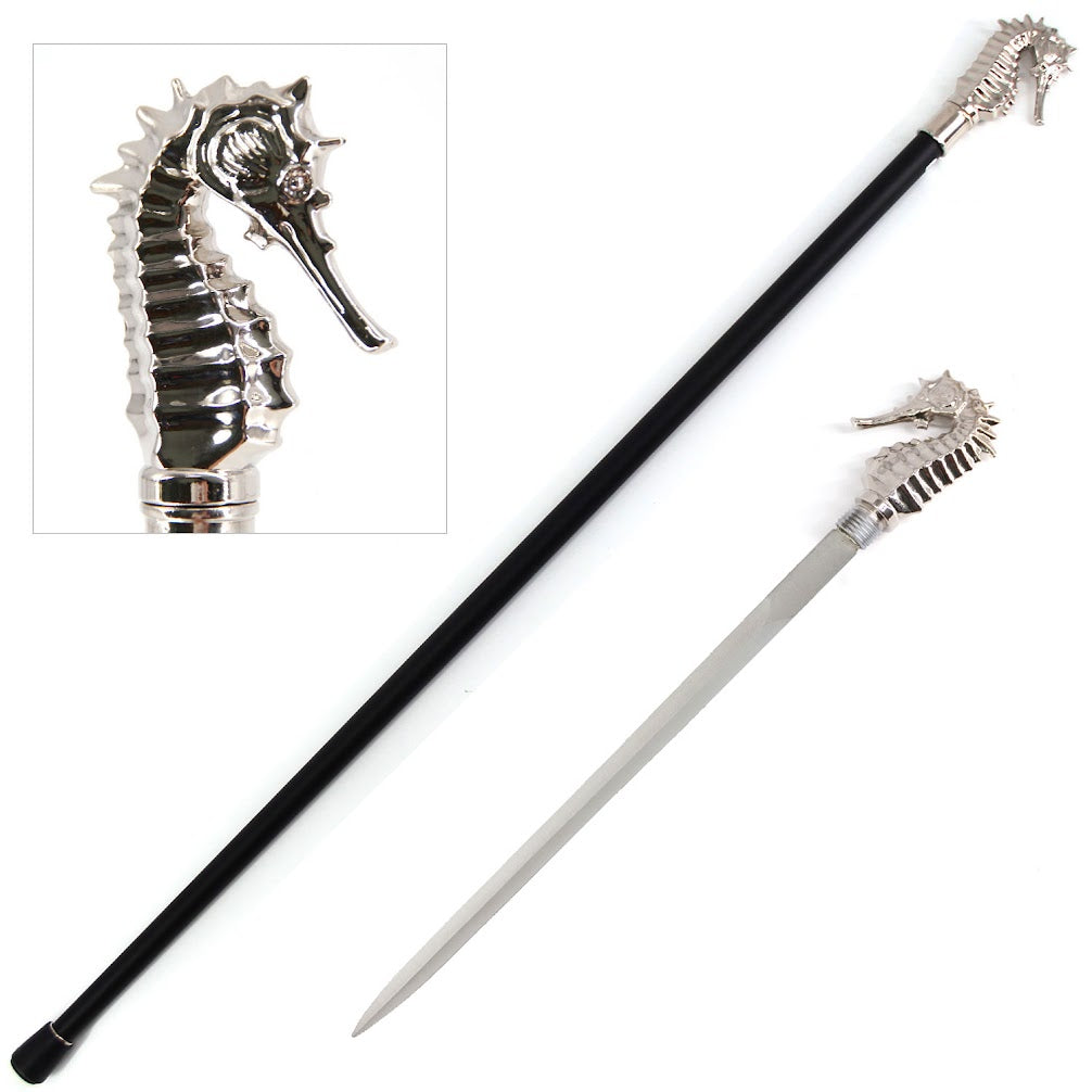 Silver Luxury Hippocampus Sea Horse Handle Cane Sword