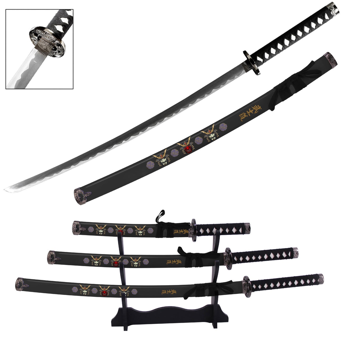 Black Bushido Japanese Samurai Katana Sword Set with Stand