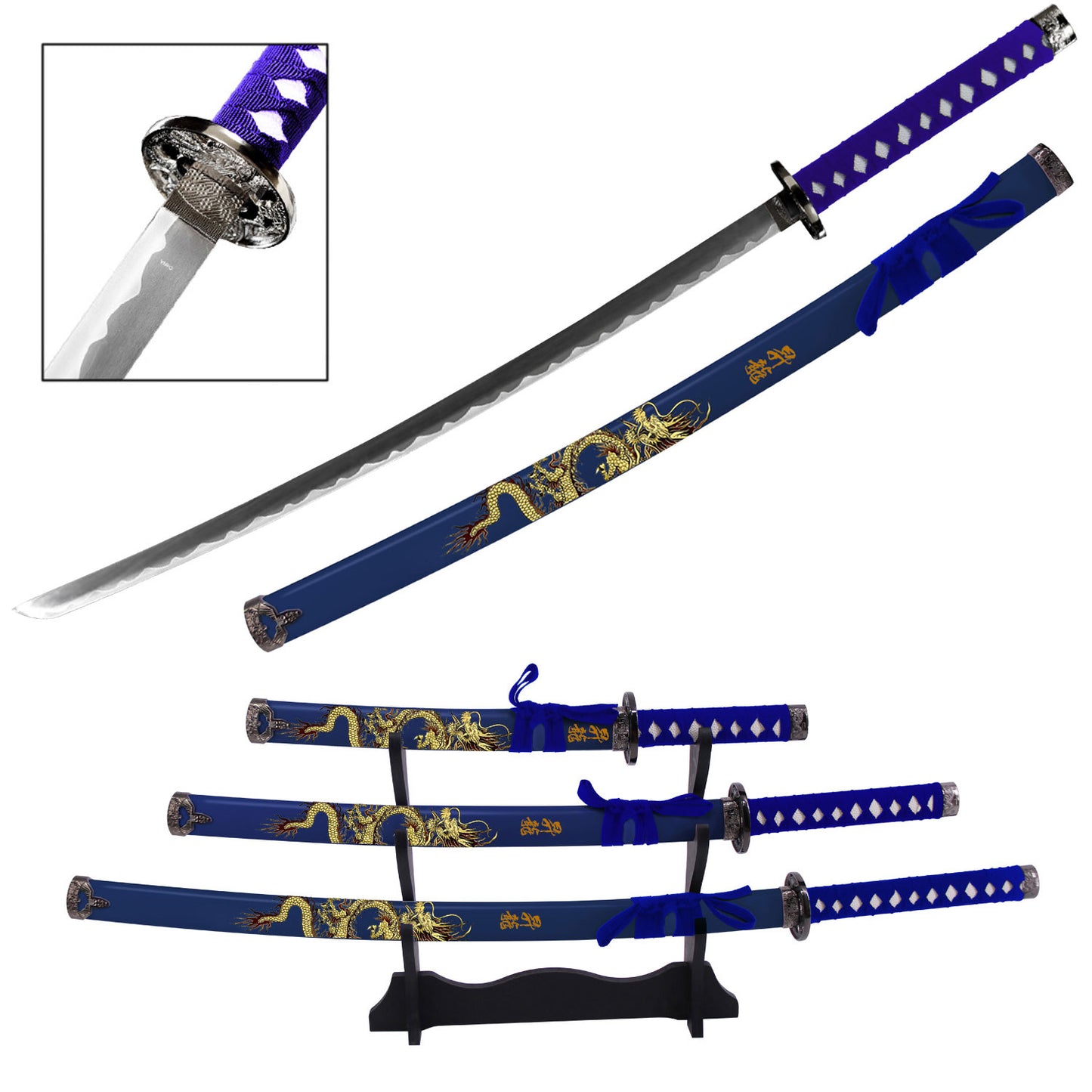 Dragon Motif Royalty Samurai Katana Sword Set with Stand Blue