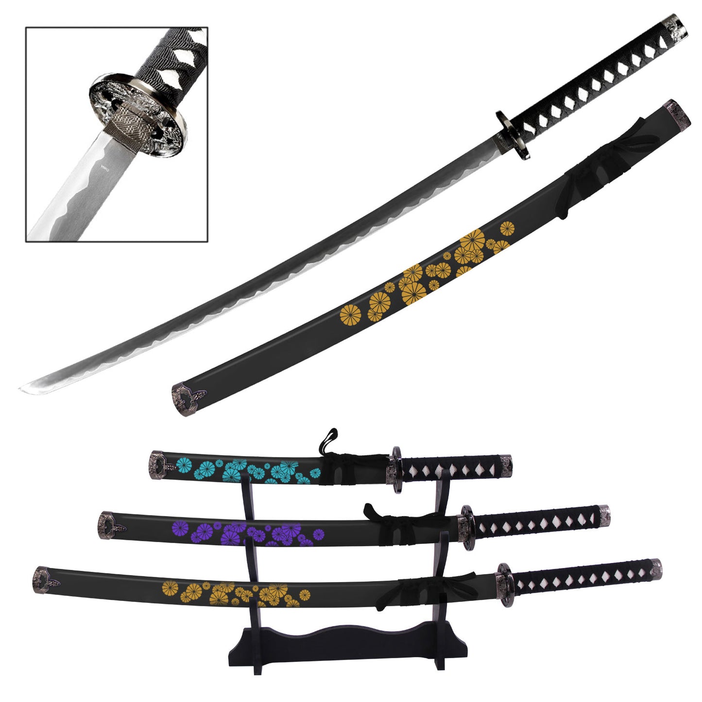 Vibrant Flower Japanese Samurai Katana Sword Set with Stand Black