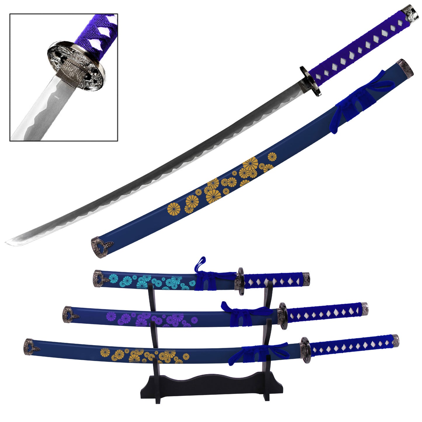 Vibrant Flower Japanese Samurai Katana Sword Set with Stand Blue