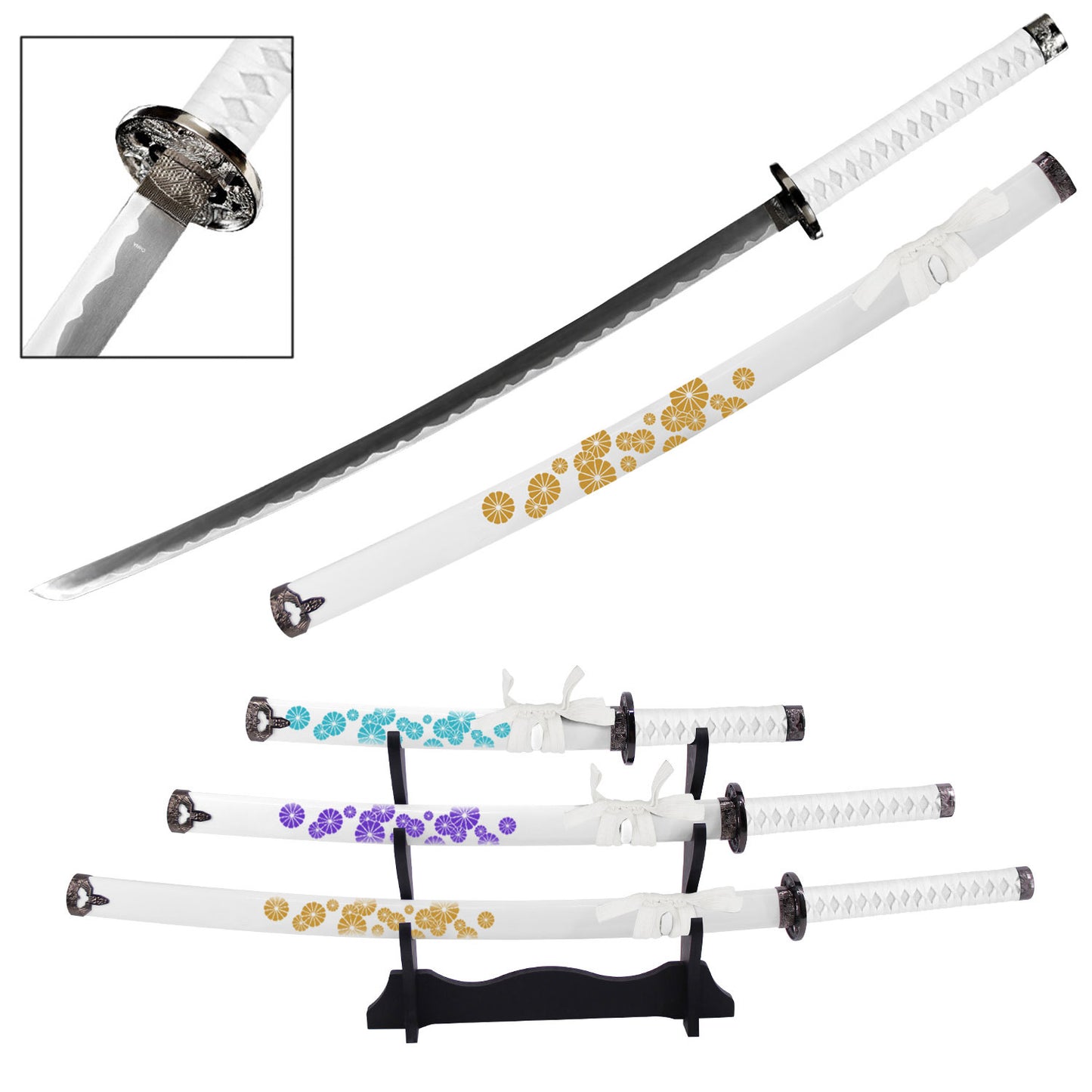 Vibrant Flower Japanese Samurai Katana Sword Set with Stand White