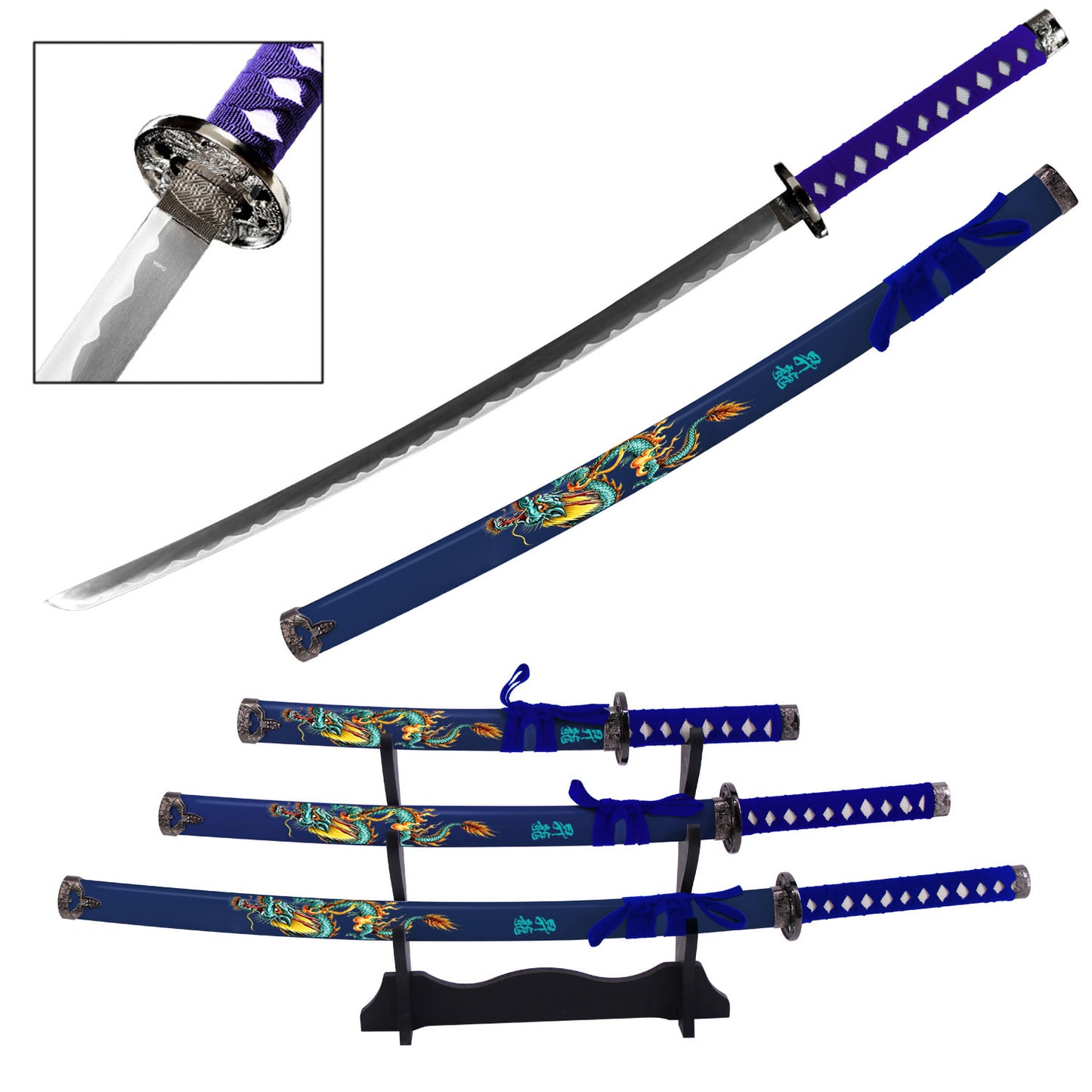 Tang Dao Dragon Samurai Katana Sword Set with Stand Blue