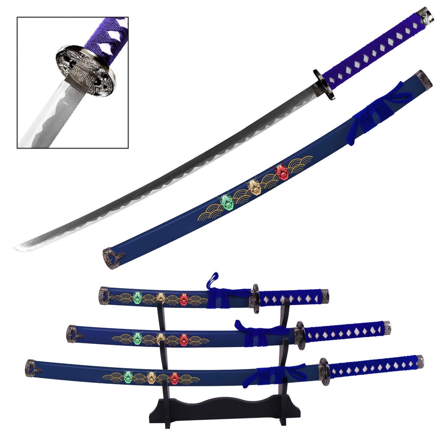 Hannya Demon Japanese Samurai Katana Sword Set with Stand Blue