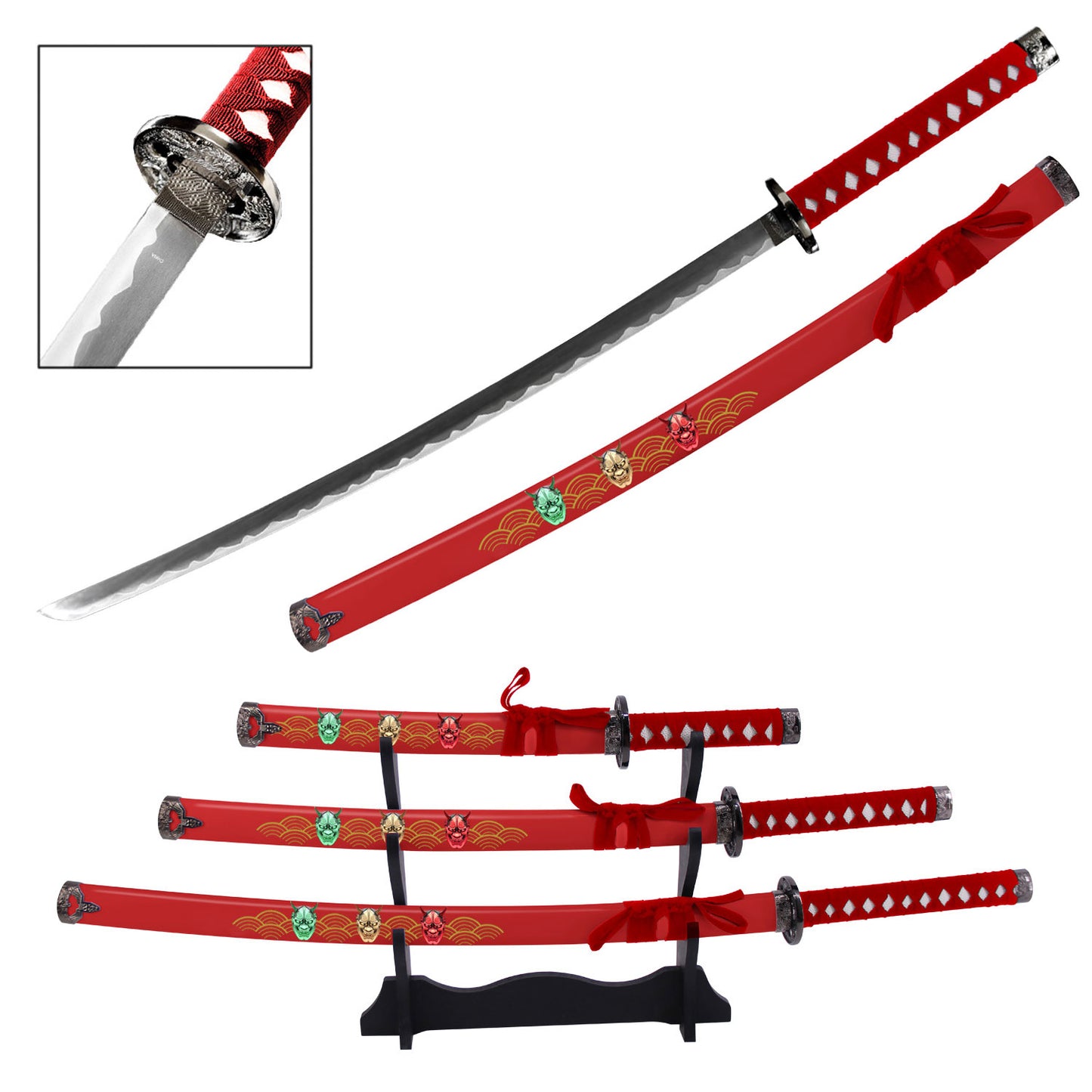 Hannya Demon Japanese Samurai Katana Sword Set with Stand Red
