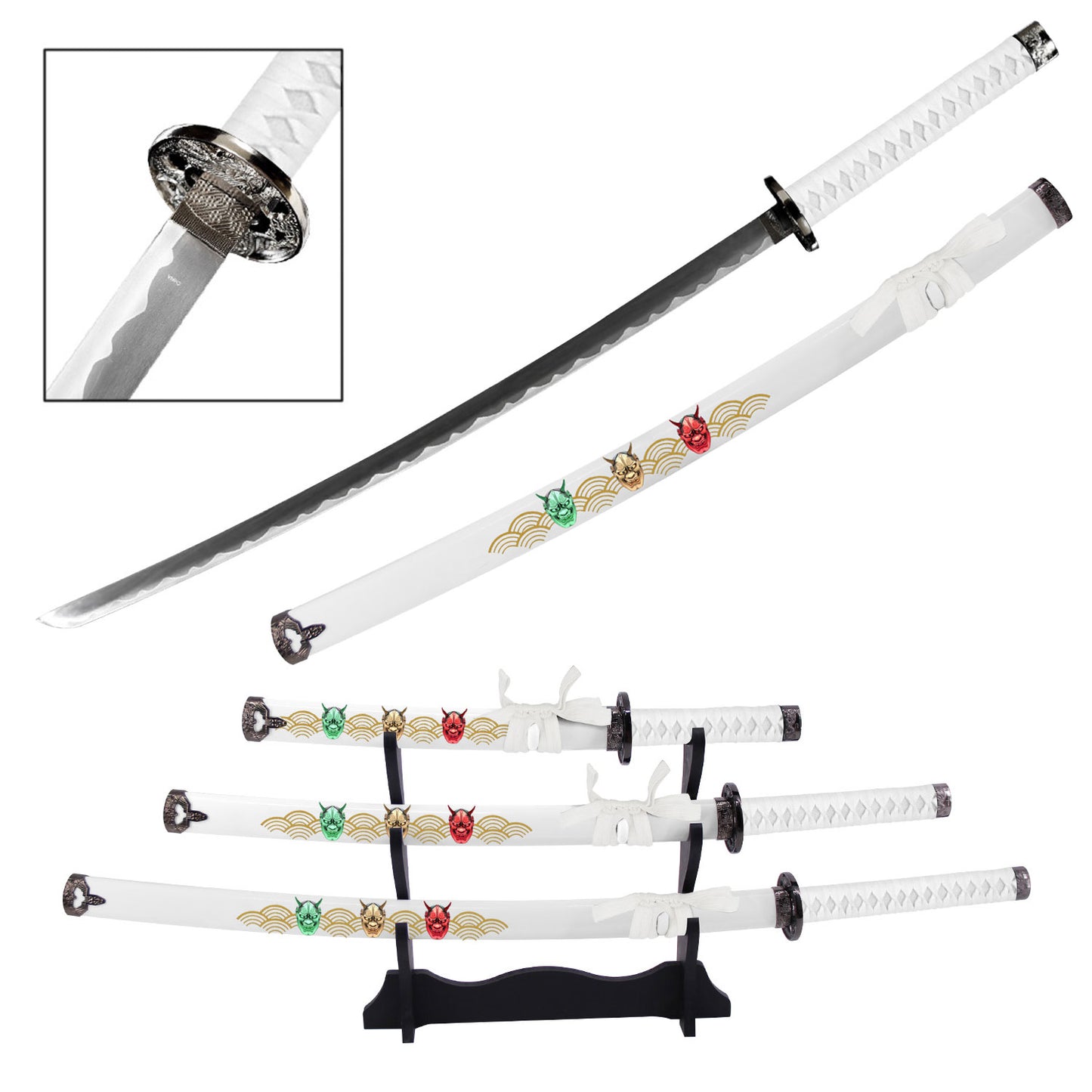 Hannya Demon Japanese Samurai Katana Sword Set with Stand White