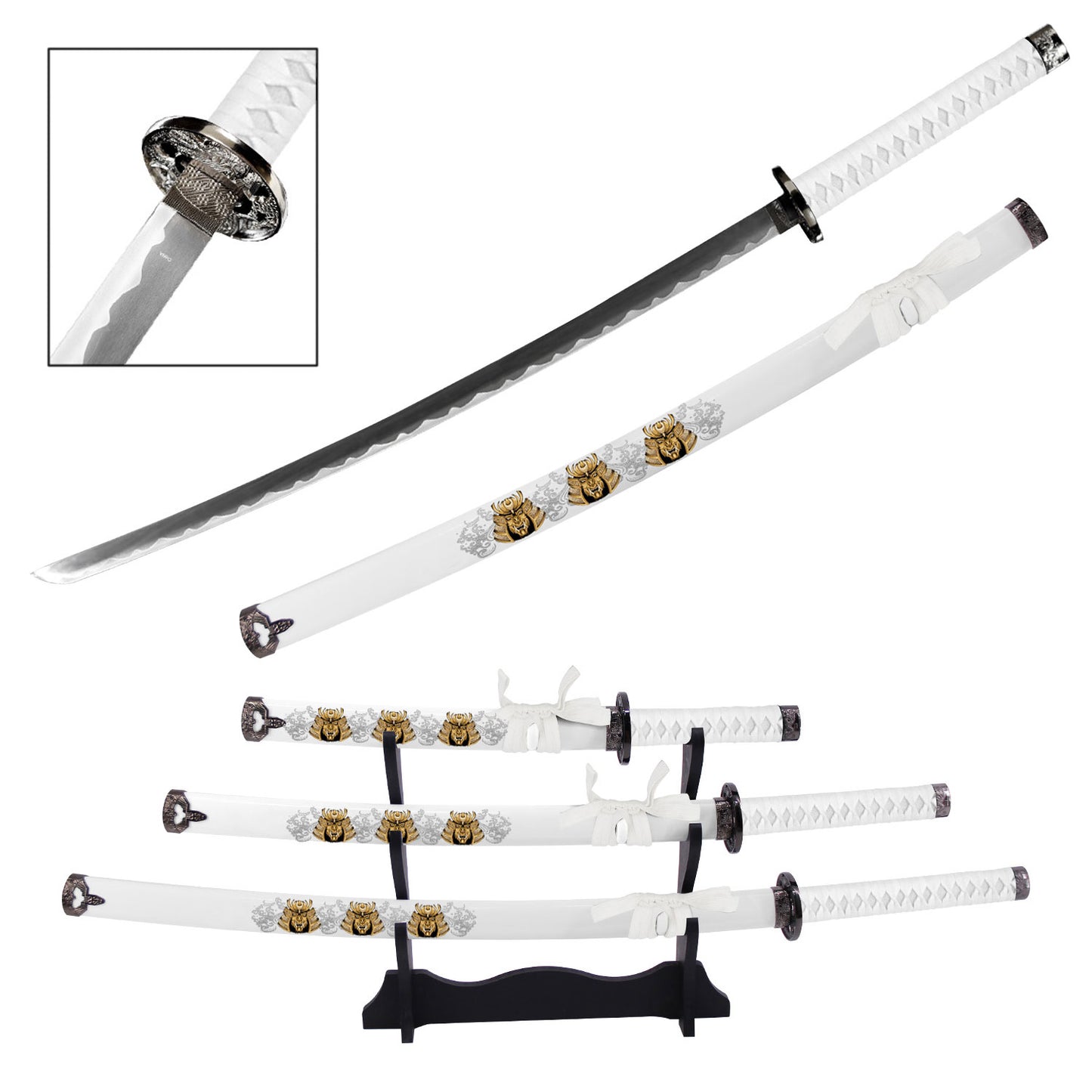 Japanese Samurai Warrior Katana Sword Set with Stand White