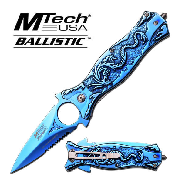 Mtech Ballistic 4.5 Inch Spring Assisted Folding Knife - Blue Titanium Dragon Handle
