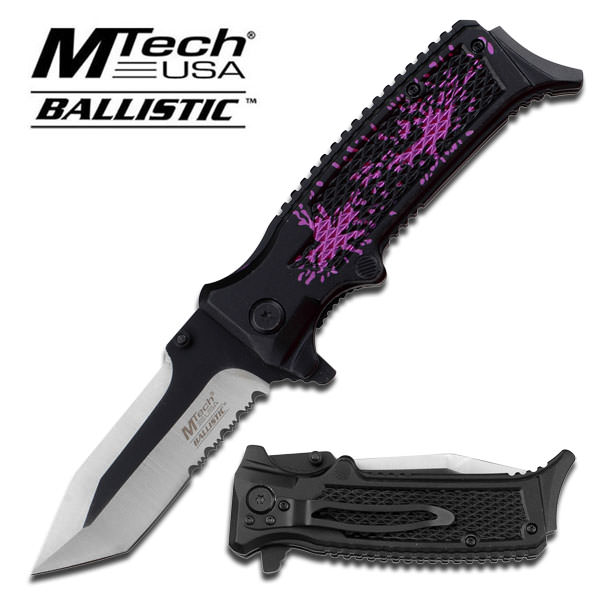 Two Tone Tanto Blade Spring Assist Knife Purple Pattern Handle