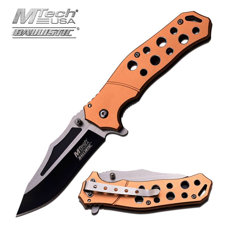 Gold Handle MTech Tactical Spring Assist Open Knife Two-Tone Blade