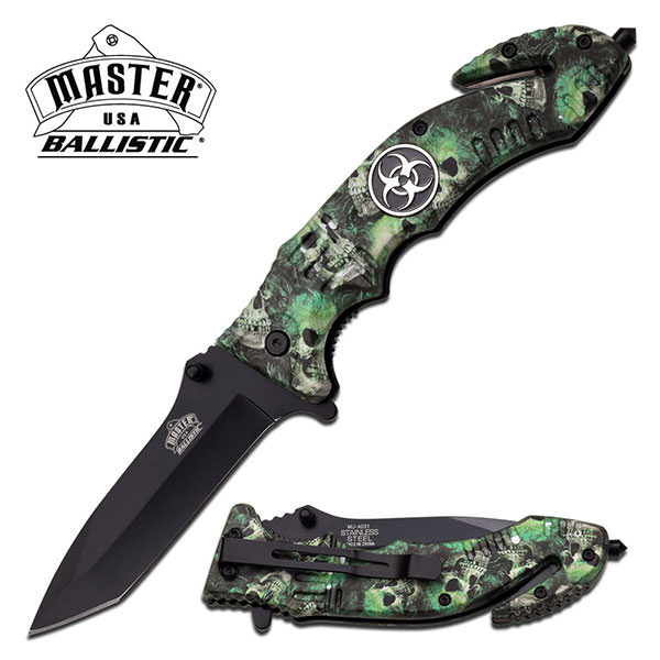 Ballistic 5 Inch Closed Rescue Spring Assisted Knife Green Skull