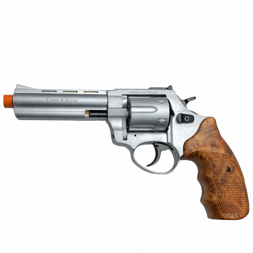 Zoraki R1 Silver 4.5" Barrel - Front Firing Blank Gun Revolver Simulated Wood Grips
