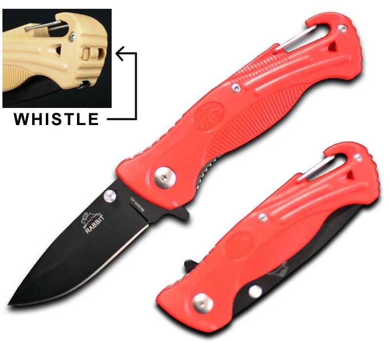 Red Rescue Spring Assist Folding Knife With Whistle and Belt Hook