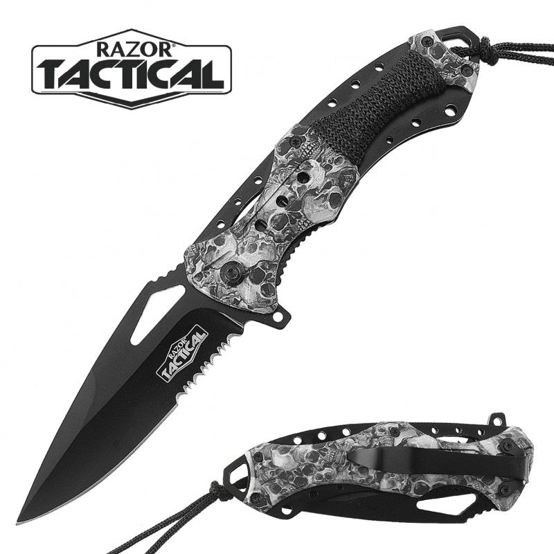 Spring Assist - 'Legal Auto Knife' - Military Fighter - Grey Skull