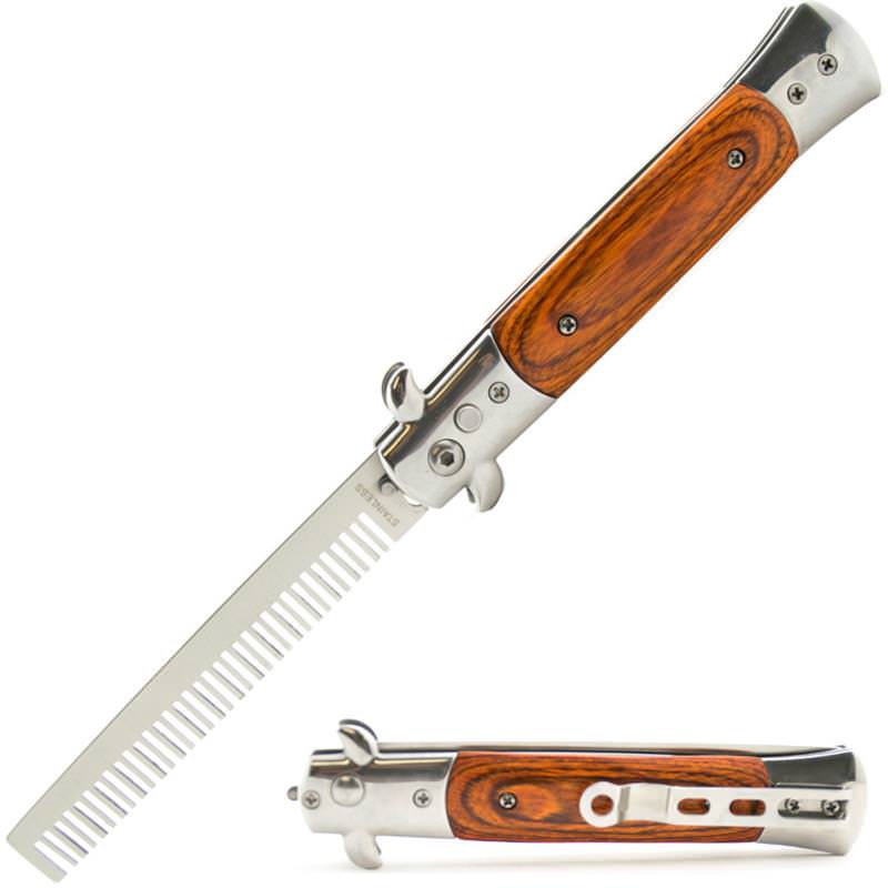 Automatic Push Button Folding Comb Switchblade Knife Wood Handle