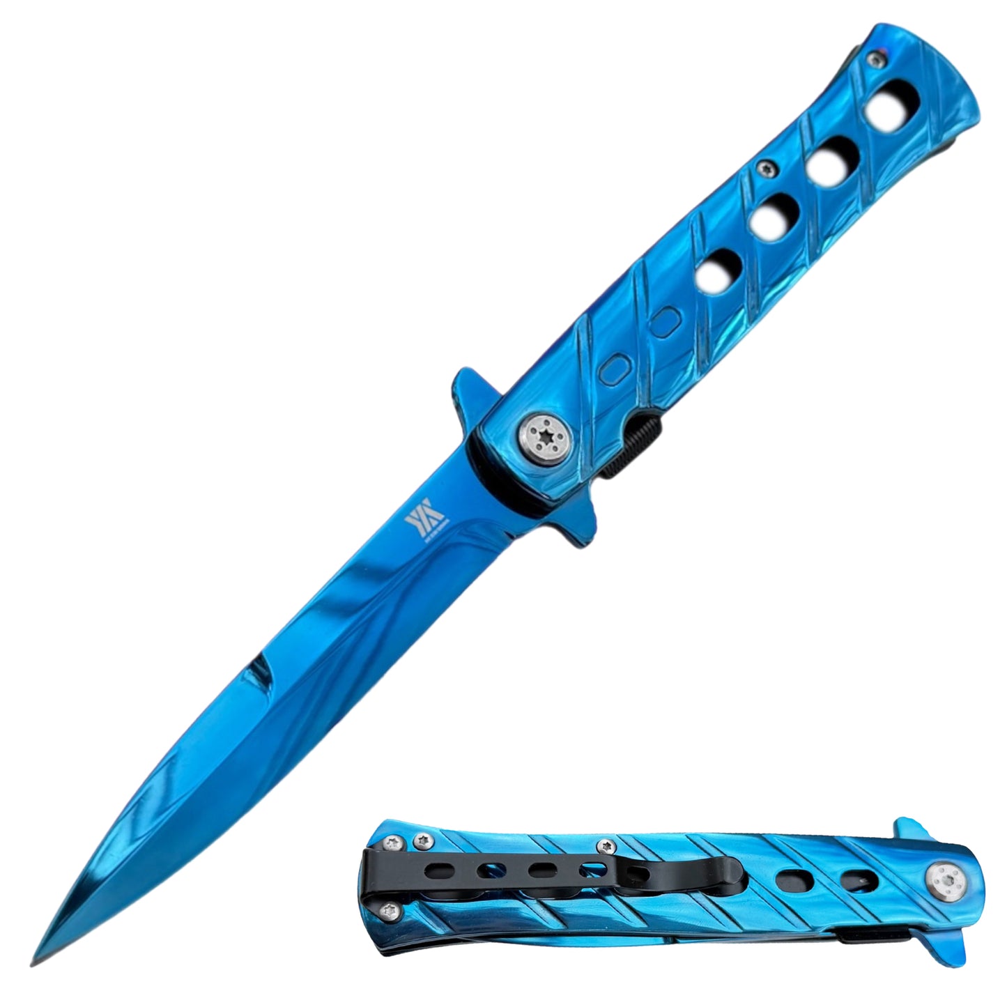DZS Spring Assisted STILETTO God Father Style Pocket Knife with Clip Blue