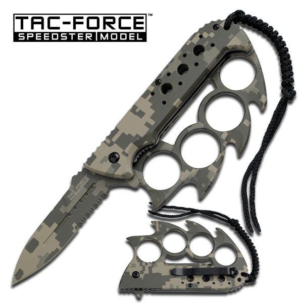 Knuckle Handle Assisted Opening Folder Knife Digital Camo With Lanyard