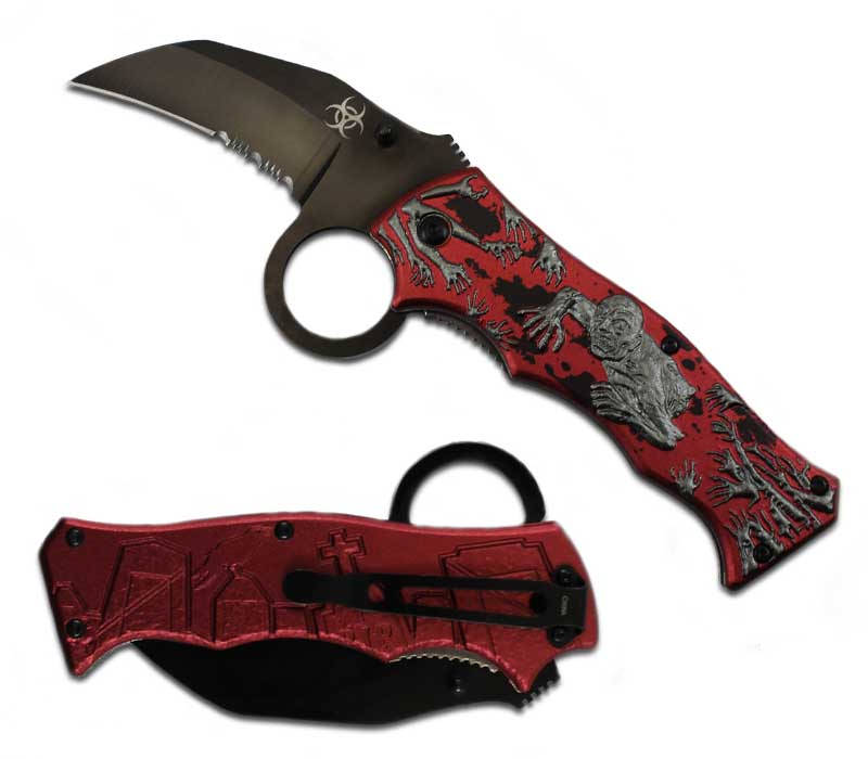 Zombie Killer Finger Hole Spring Assist Knife - Grey Zombies Blood Red