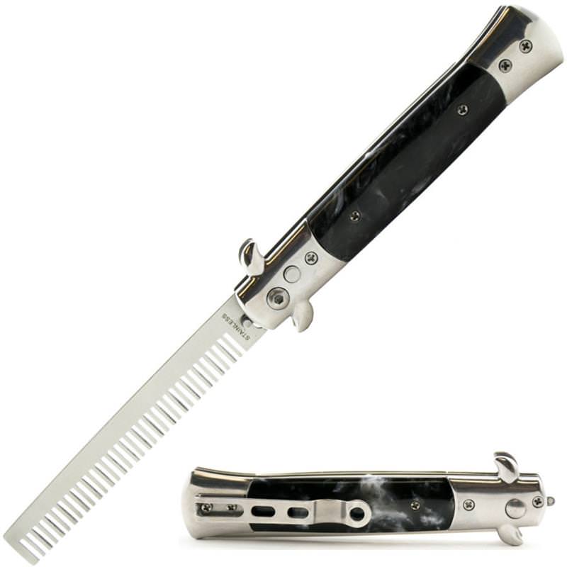 Automatic Push Button Folding Comb Switchblade Knife Black Pearl Handle