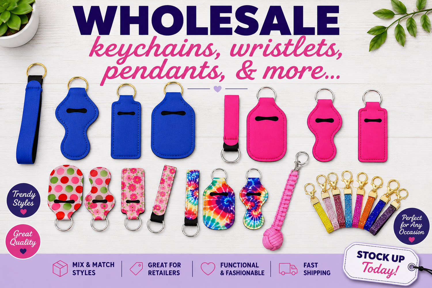 WHOLESALE KEYCHAINS, WRISTLETS, PENDANTS.