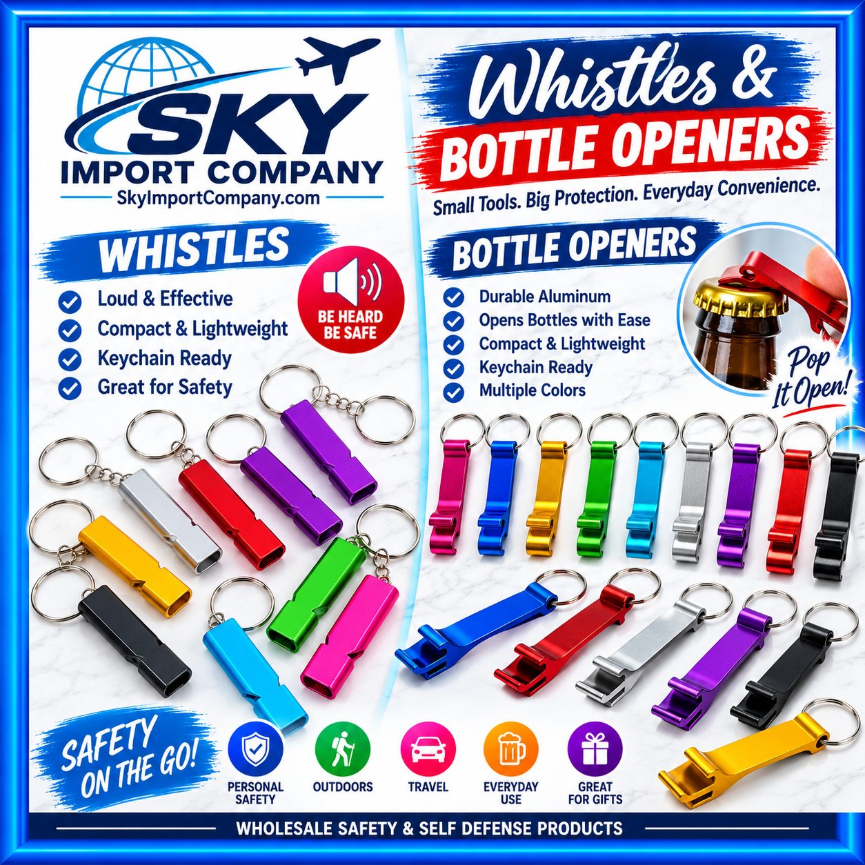 WHOLESALE WHISTLES & BOTTLE OPENERS.