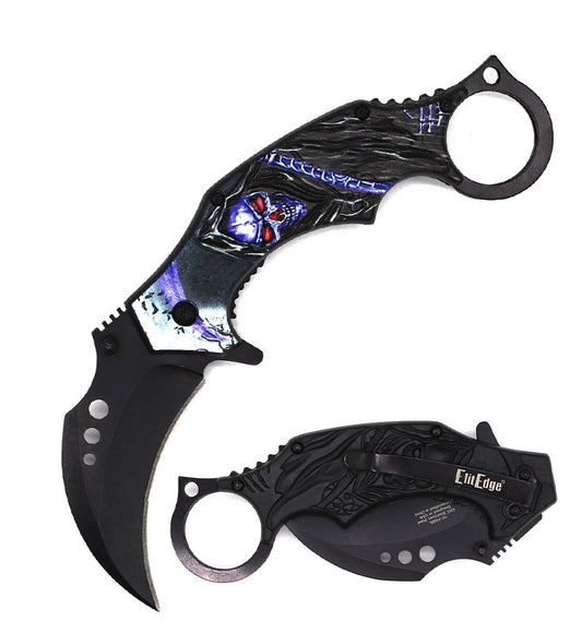 7.25 Inch Demon Of Death Grim Reaper Blue Karambit Spring Assist Pocket Knife