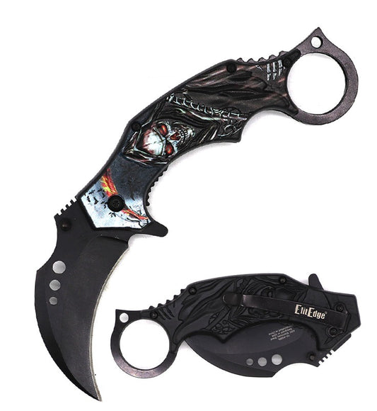7.25 Inch Demon Of Death Grim Reaper Brown Karambit Spring Assist Pocket Knife